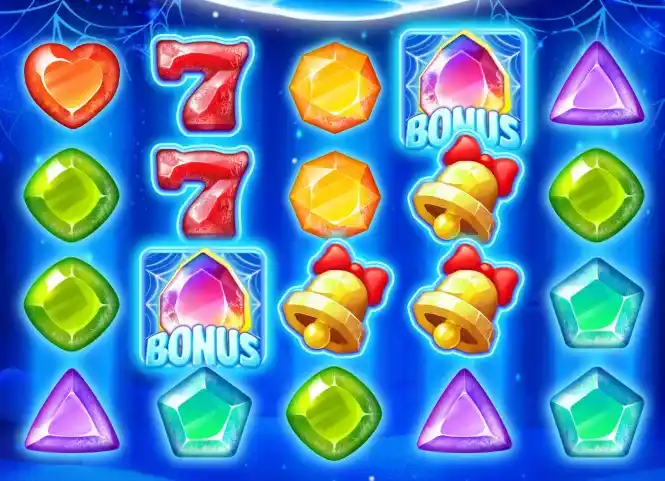 Slot game screen showing symbols, paylines, and jackpot options.